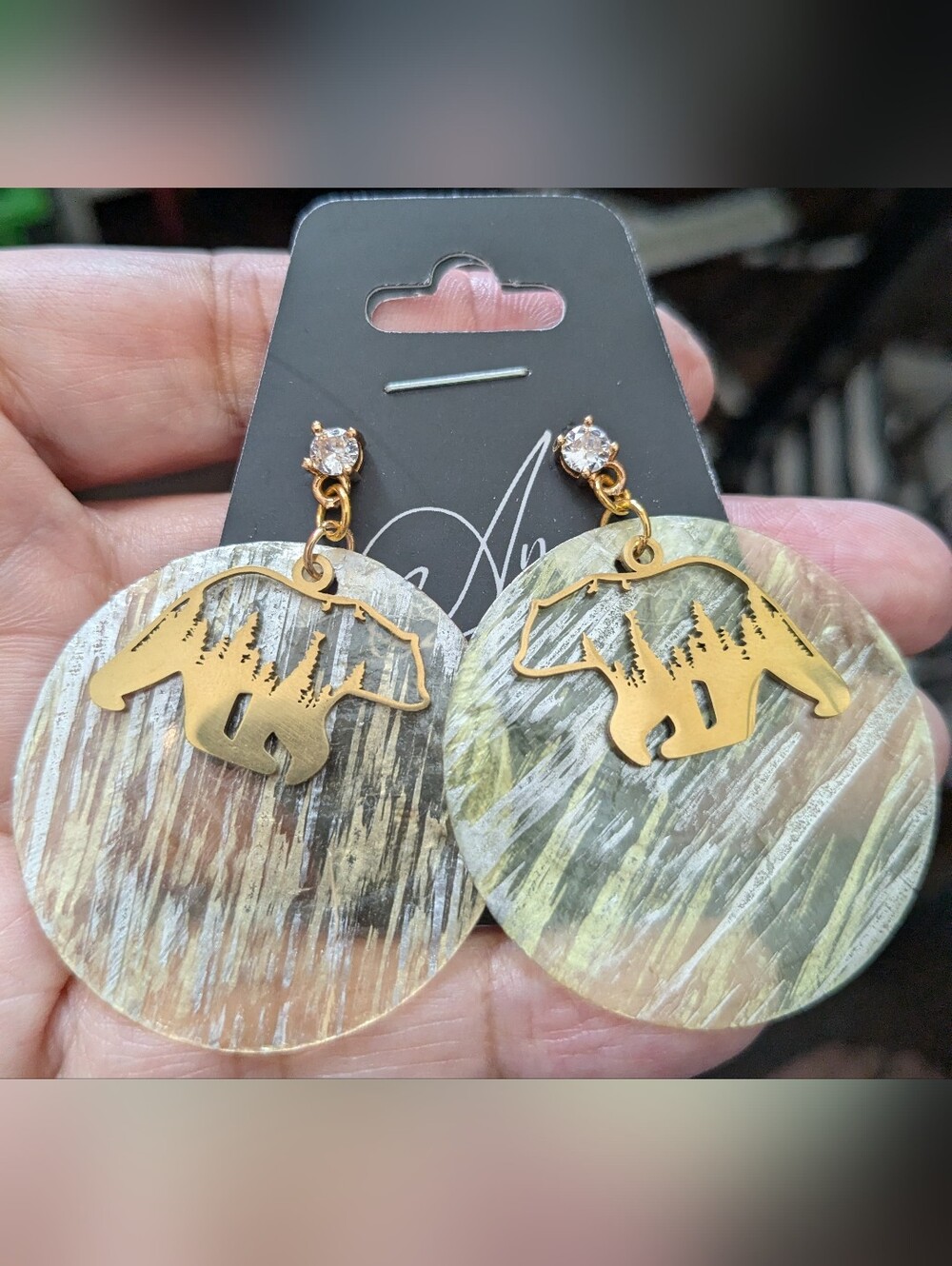 Gold Bear Silhouette Earrings with Iridescent Shimmer Capiz Shells